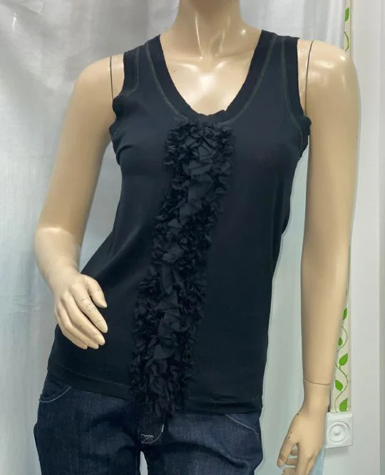 D&G Dolce & Gabbana Black Cotton Tank Top Ruffle Detail Size 4 lounge tank top