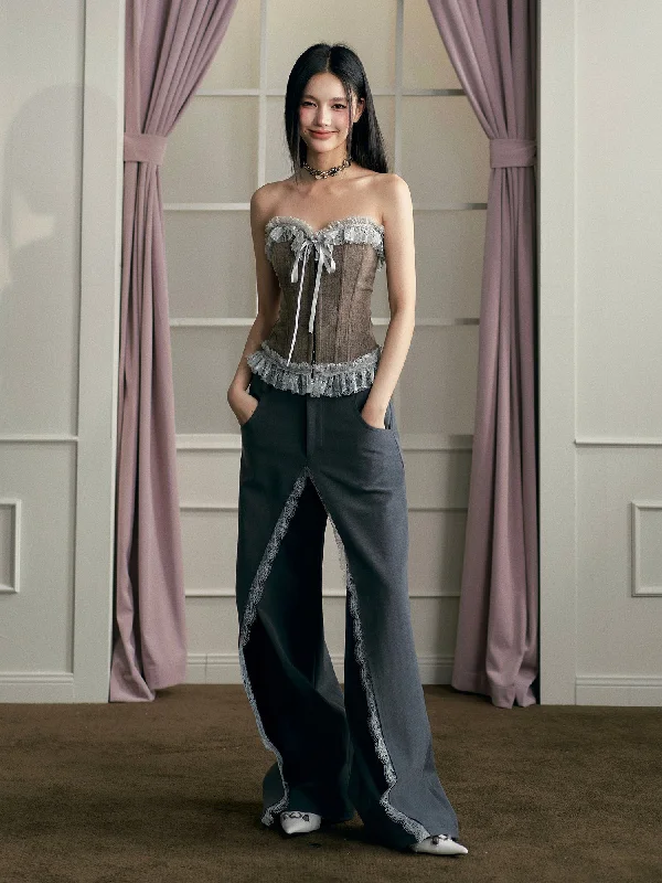 Gray Lace Panel Wide-Leg Pants Comfortable Jogging Pants