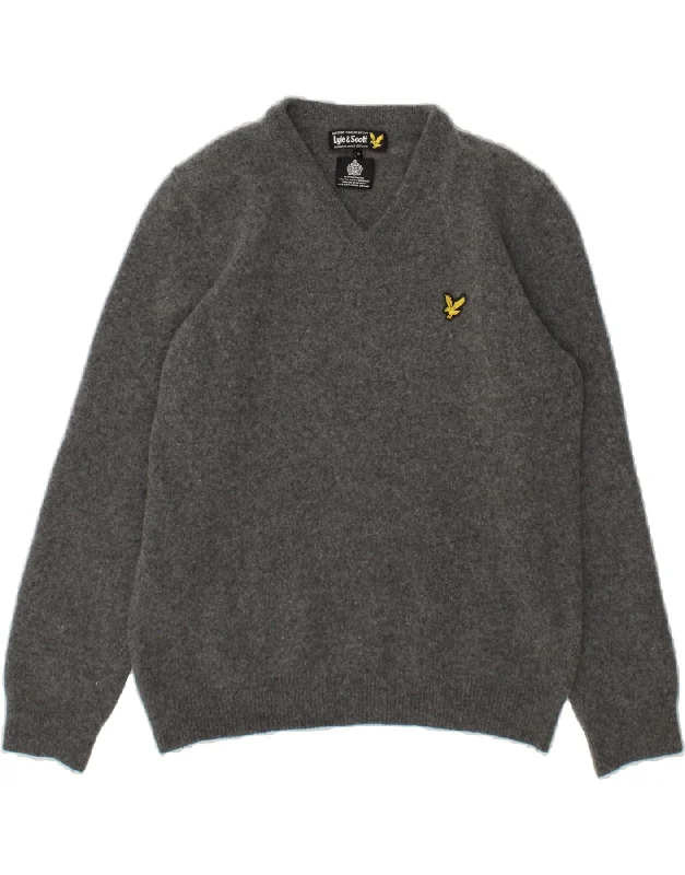 LYLE & SCOTT Womens V-Neck Jumper Sweater UK 12 Medium Grey Lambswool Cashmere Blend Cotton Blend Poly Blend