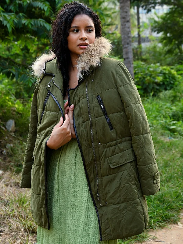 Odette Olive Solid Polyester Puffer Jacket For Women Welt Pockets Slit Pockets Flap Pockets