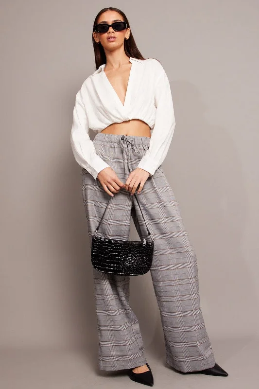 Grey Check Wide Leg Pants Elastic Waist Comfortable Wide-Leg Pants