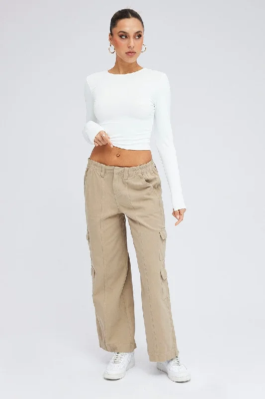 Beige Cargo Pants Mid Rise High-Waist Jeans