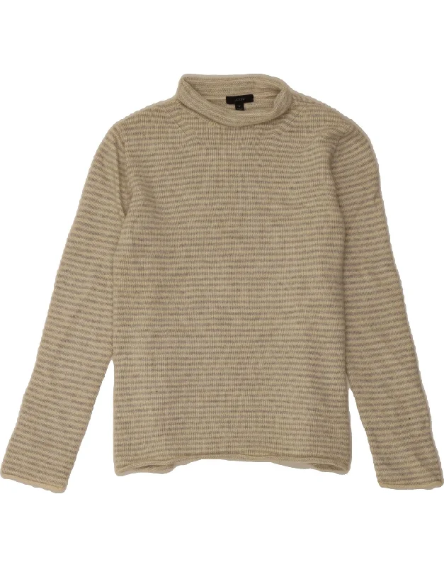 J. CREW Womens Roll Neck Jumper Sweater UK 14 Large Beige Striped Wool Tailored Straight A-Line