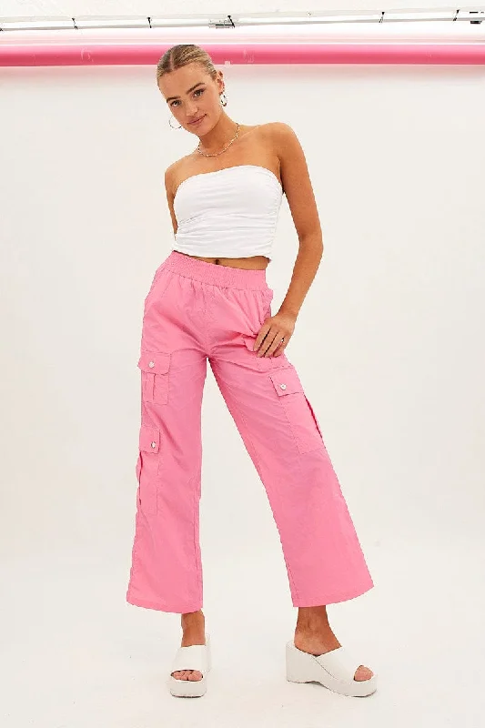 Pink Elastic Waist High Rise Wide Leg Cargo Pants Soft Sweatpants Style