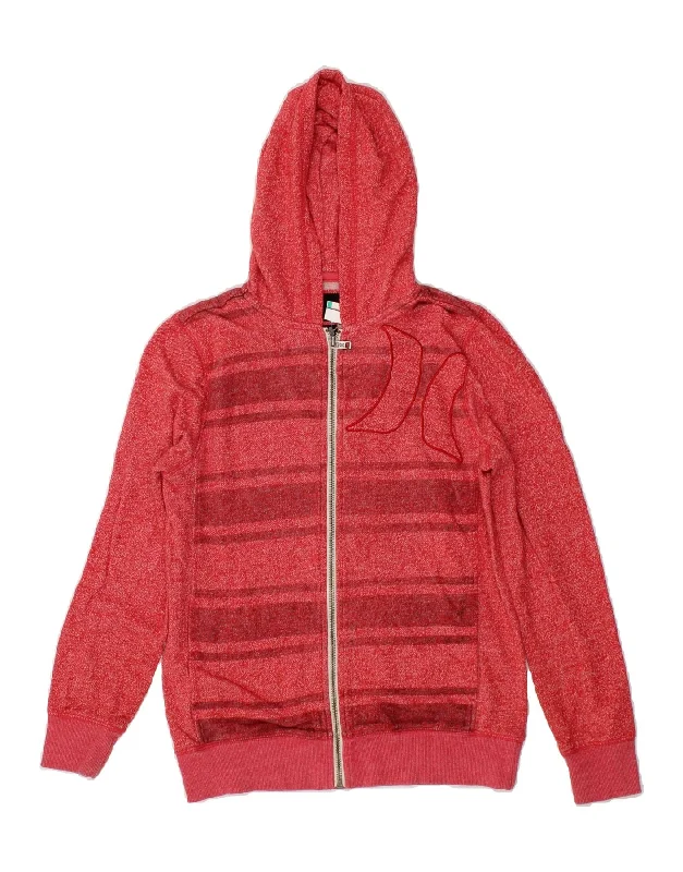 HURLEY Womens Graphic Zip Hoodie Sweater UK 14 Large Red Striped Cotton Fitted Slim Tailored