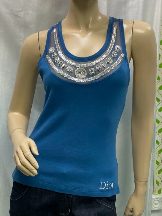 Christian Dior Blue Cotton Tank Top Rhinestone Beading Size 8 activewear tank top