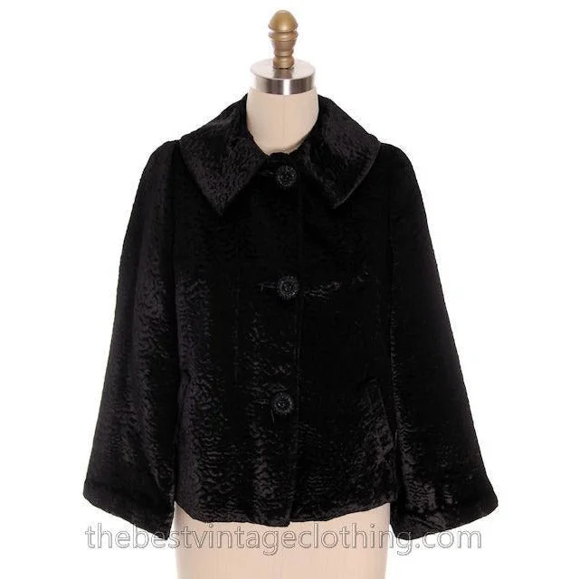 Vintage Faux Broadtail Lamb Swing Jacket Womens Faux Fur Black Large 1940s Satin Jacket Silk Jacket Chiffon Jacket