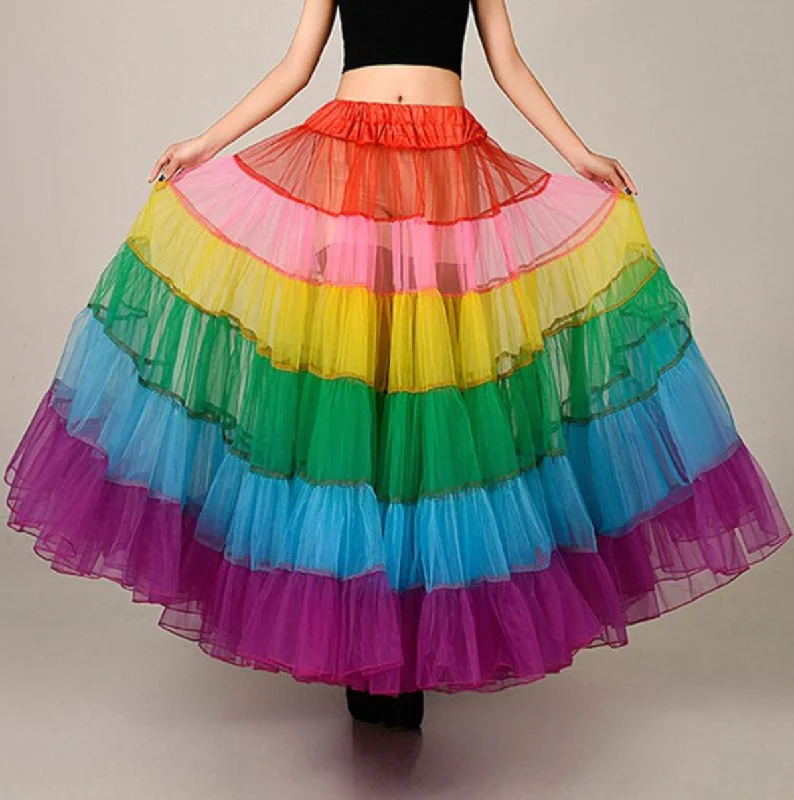 Rainbow Crinoline Pettiskirt Long Underskirt Mesh Tutu Dance Skirt zip skirt side