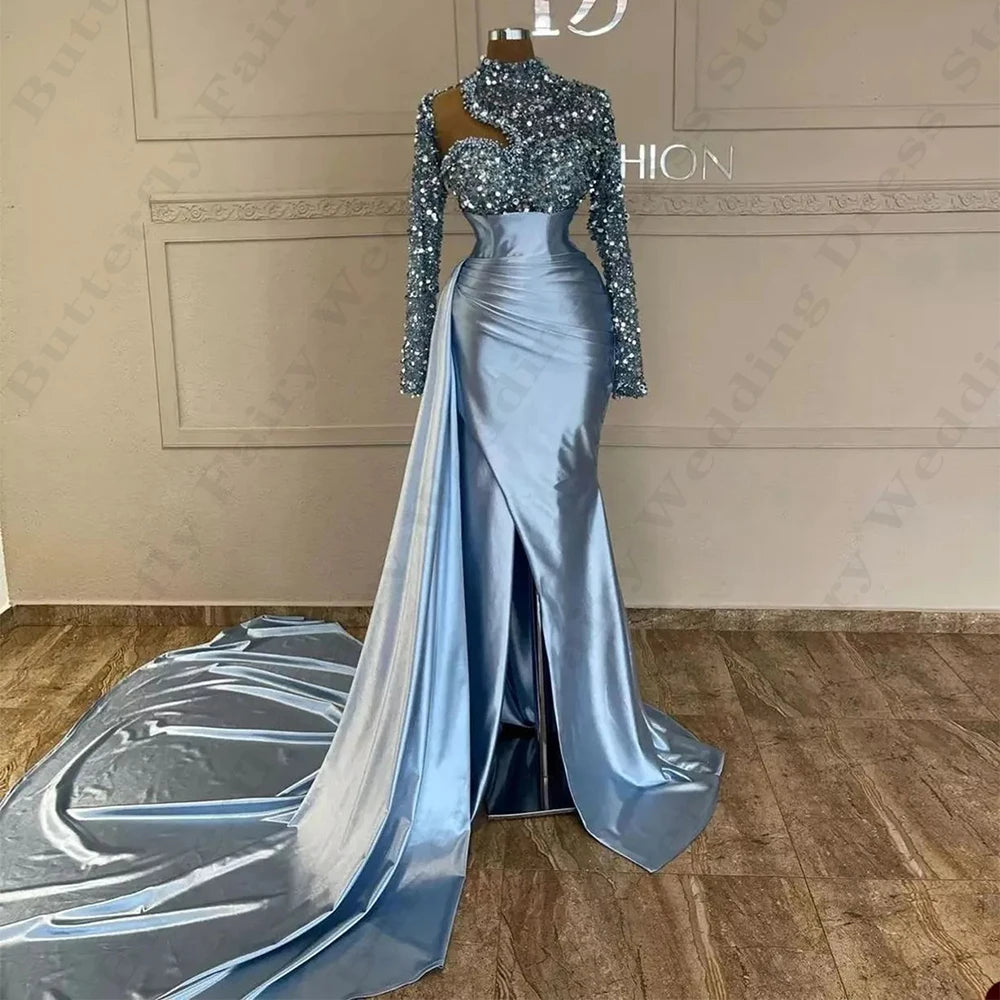 Wjczt Exquisite Fascinating Evening Dresses Gorgeous Beading Simple High Collar Fashion Long Sleeved High Split Prom Gowns For Women Tunics Luxurious high-end