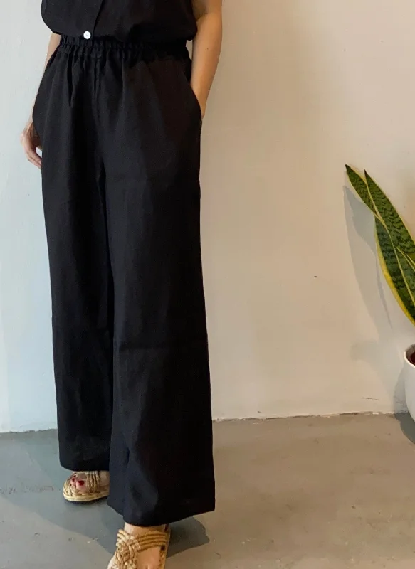 Linen Wide Leg Pants (Black) Warm Wool Trousers