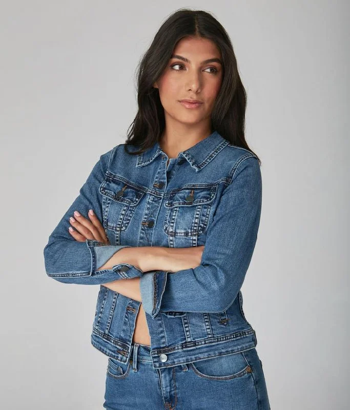 Gabriella Classic Denim Jacket in Stone Blue Collared Jacket Crew Neck Jacket Turtle Neck Jacket