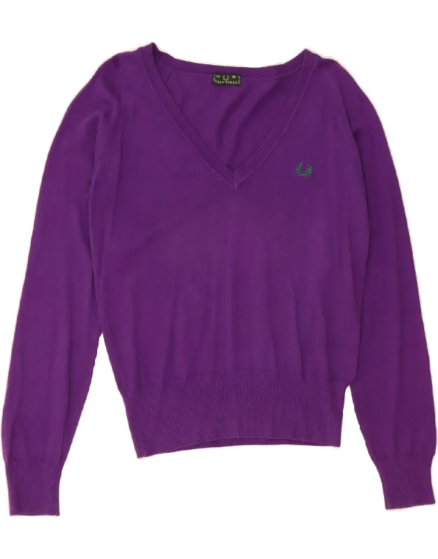 FRED PERRY Womens V-Neck Jumper Sweater UK 12 Medium Purple Cotton Real Fur Shearling Chenille