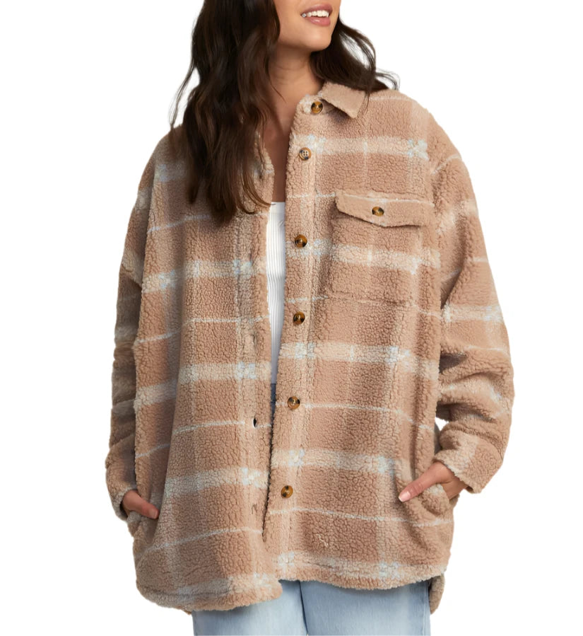 RVCA Womens Birdie Shacket Flannel Jacket Cotton Fabric Linen Fabric Terry Fabric