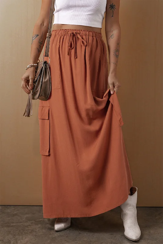 Chestnut Mineral Wash Cargo Pocket Drawstring Waist Maxi Skirt button skirt front