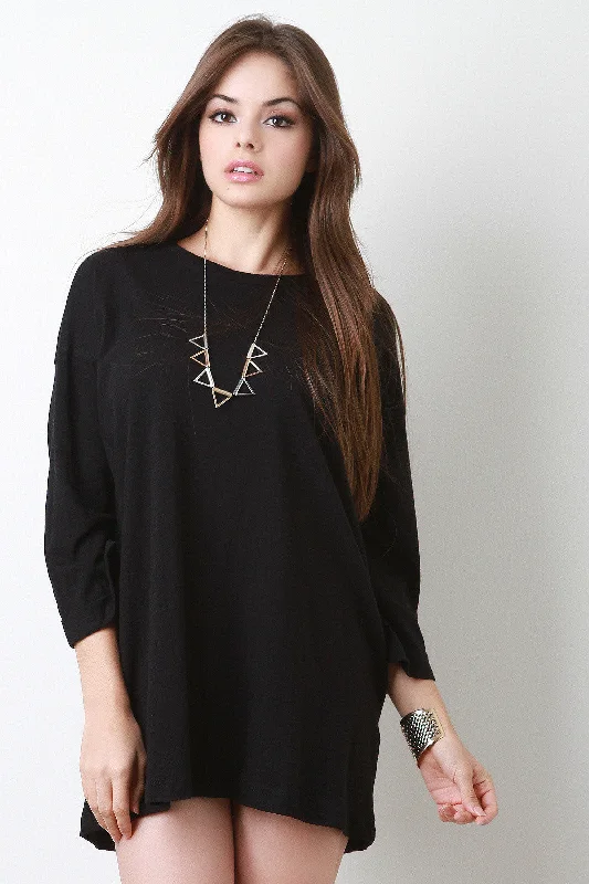 Cuffed Quarter Sleeves Mini Shift Dress Cowl Neckline Elegant