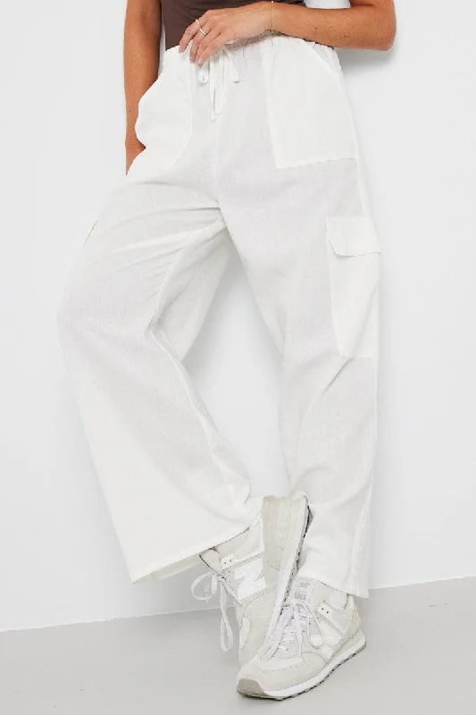 White Relaxed Cargo Pant Elasticated Waist Casual Sweatpants Style