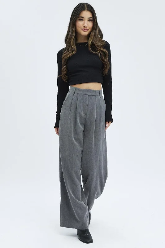 Grey Wide Leg Pants Turn Down Waist Low Rise Relaxed Fit Trousers