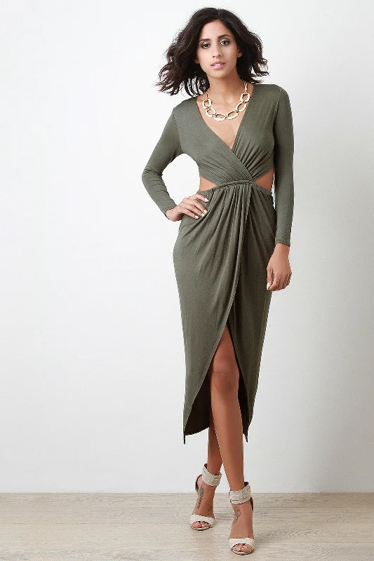 Jersey Knit Surplice Long Sleeves Open Back Midi Dress Tunics Running lightweight