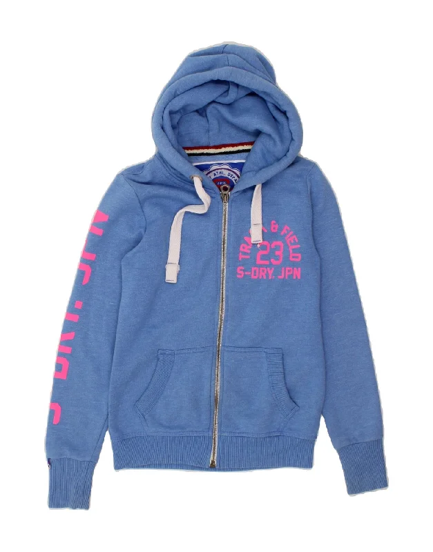 SUPERDRY Womens Graphic Zip Hoodie Sweater UK 10 Small Blue Cotton Casual Formal Business