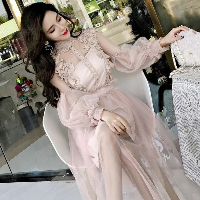 Wjczt 2024 New Women Party Lace Flower Dress Gauze Lantern Sleeve Voile Long Dress Female Retro Hook Princess Dress 2 Piece Set Tunics Favorite customer