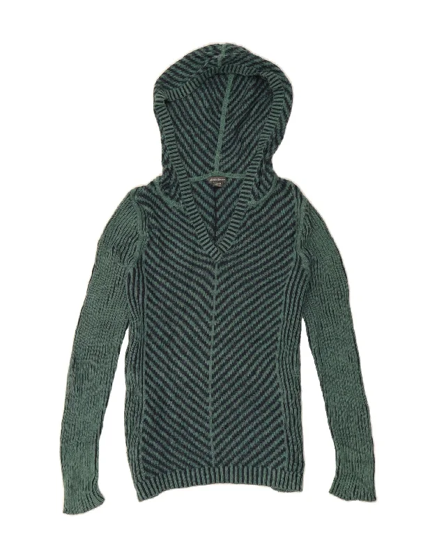 EDDIE BAUER Womens Hooded V-Neck Jumper Sweater UK 14 Medium Green Striped Mesh Blend Leather Blend Suede Blend