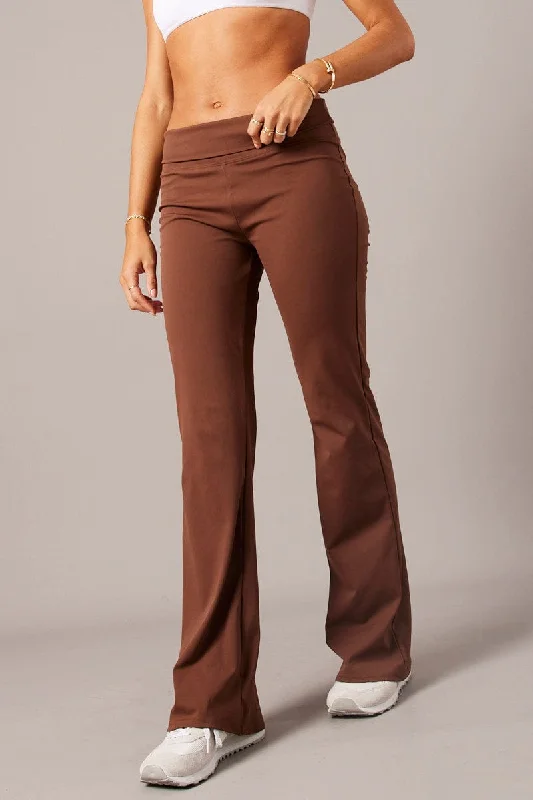 Brown Flared Pants Fold Up Waist Mid Rise Formal Slim Pants