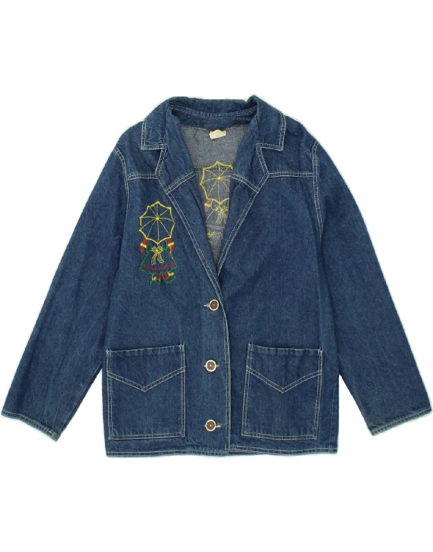 VINTAGE Womens Oversized Graphic Denim Jacket IT 36 XS Blue Cotton Hoodie Zip-Up Jacket Button-Up Jacket