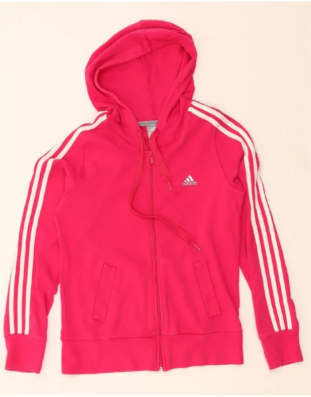 ADIDAS Womens Zip Hoodie Sweater UK 12 Medium Pink Cotton Faux Fur Fabric Real Fur Fabric Shearling Fabric