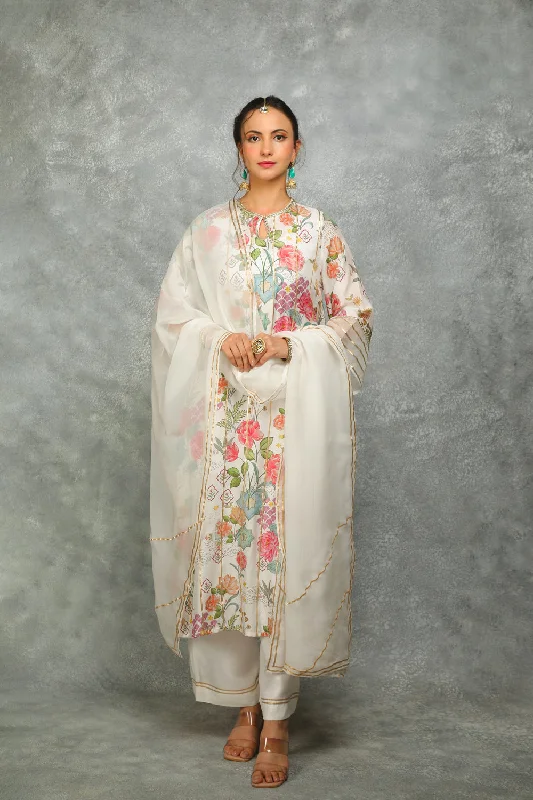 White Printed Kurta With Pants And Dupatta Set Of 3 Comfy Cargo Trousers