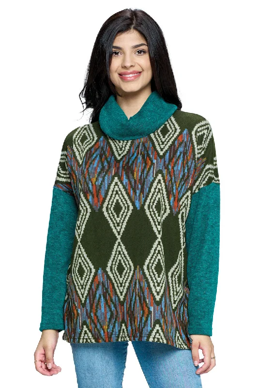 Sweater Tribal Print Cowl Neck Mesh Sweater Canvas Denim