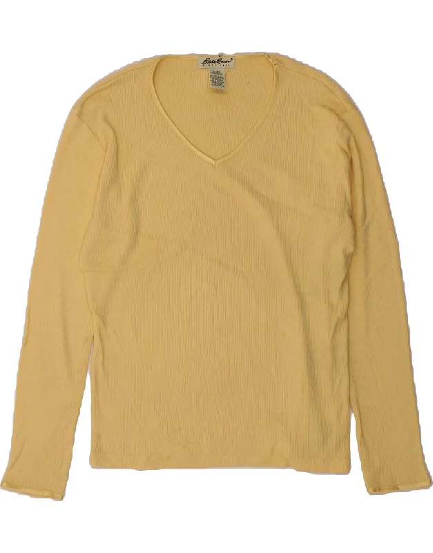 EDDIE BAUER Womens Oversized V-Neck Jumper Sweater UK 10 Small Yellow Turtle Neck Boat Neck Asymmetrical Neck