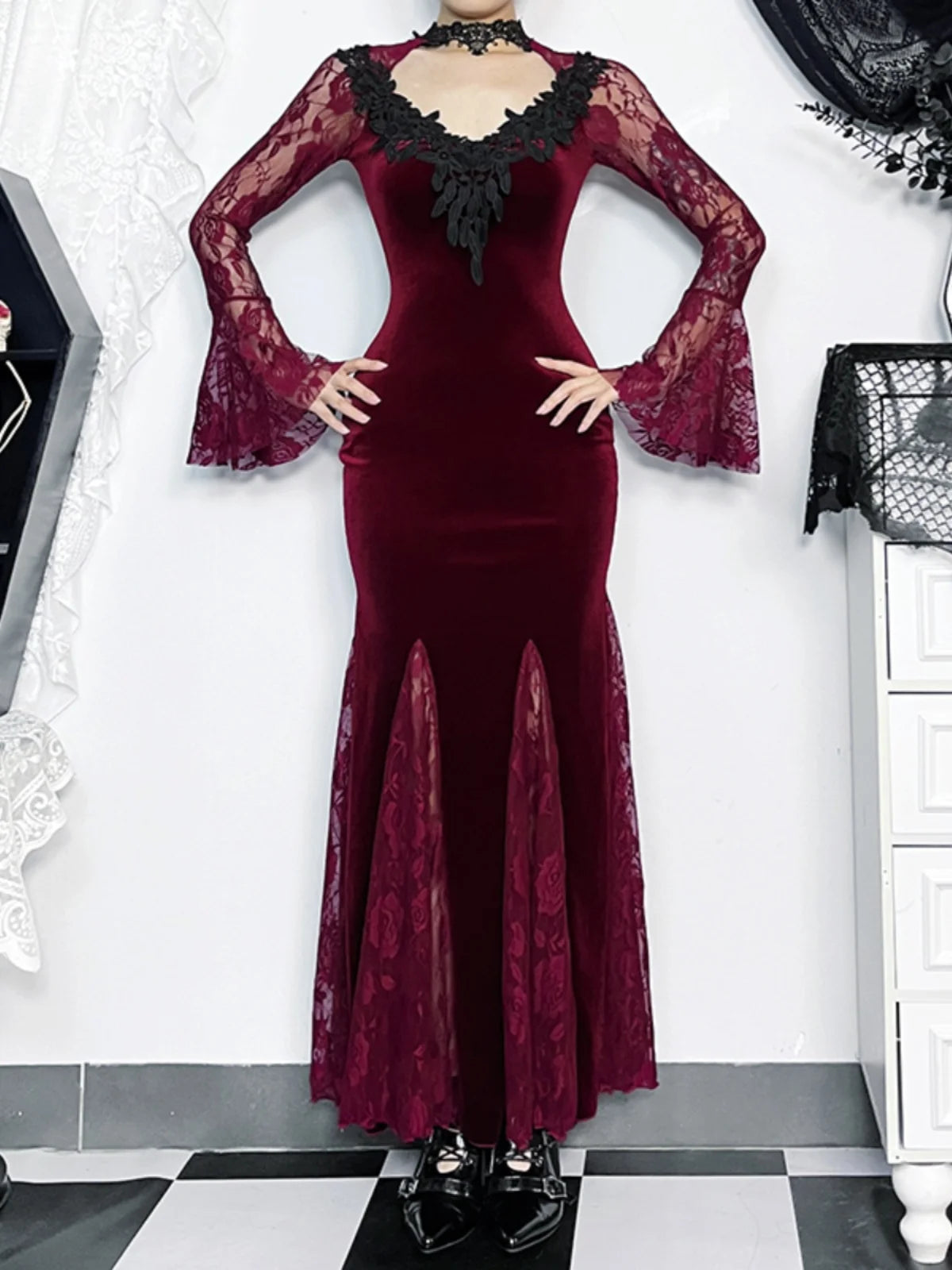 Wjczt Gothic Lace Long-Sleeved Fishtail Dress Annual Party Red prom Tunics Timeless classic