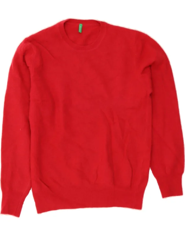 BENETTON Womens Crew Neck Jumper Sweater UK 12 Medium Red Wool Handmade Hand-knitted Hand-woven