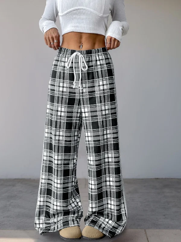 Hazel Blues® |  Perfee Drawstring Plaid Wide Leg Pants Casual Track Pants