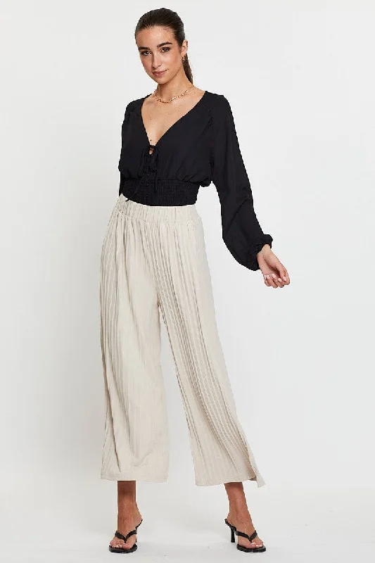 Beige Ribbed Pants High Rise Wide Leg Stylish Elastic Waist Pants