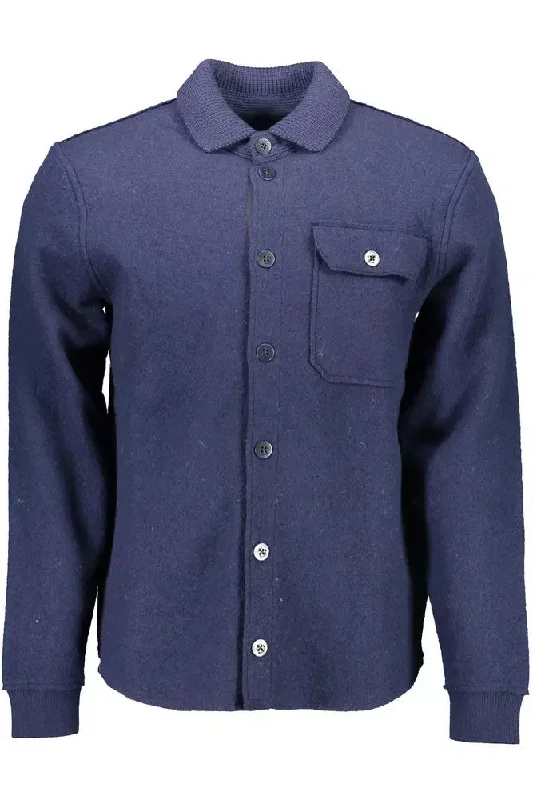 Blue Wool Men Sweater Zippered Front Buttoned Front Snap Front