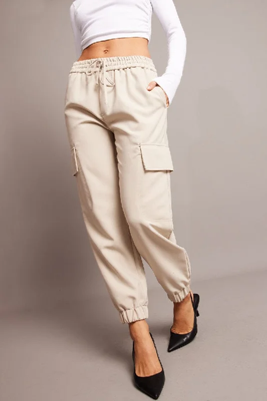 Beige Slim Pants Elasticated Hem Casual Lounge Pants