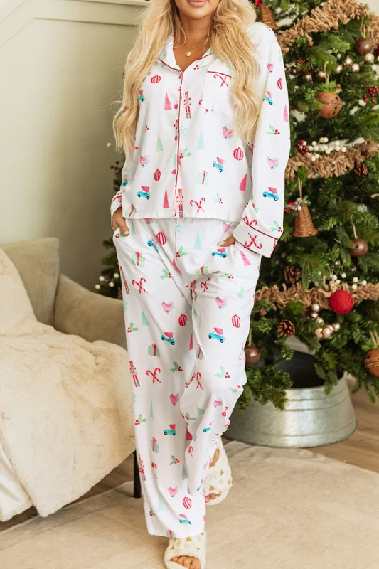 Hazel Blues® |  Christmas Printed Collared Neck Top and Pants Lounge Set Stylish Slim Trousers