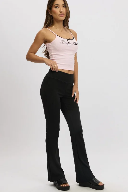 Black Fold Back Flare Leg Pants Casual Sweatpants Style