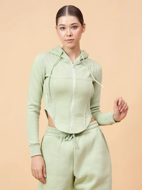 Fikin Women Pista Green Fleece Corset Jacket Welt Pockets Slit Pockets Flap Pockets