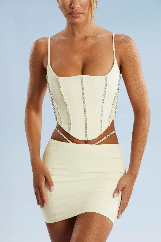 Embellished Cut Out Mini Skirt in Ivory leather skirt sleek