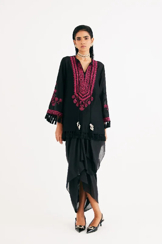 Black Silk Chanderi Embroidered Kurta and Drape Skirt Set chiffon skirt floaty