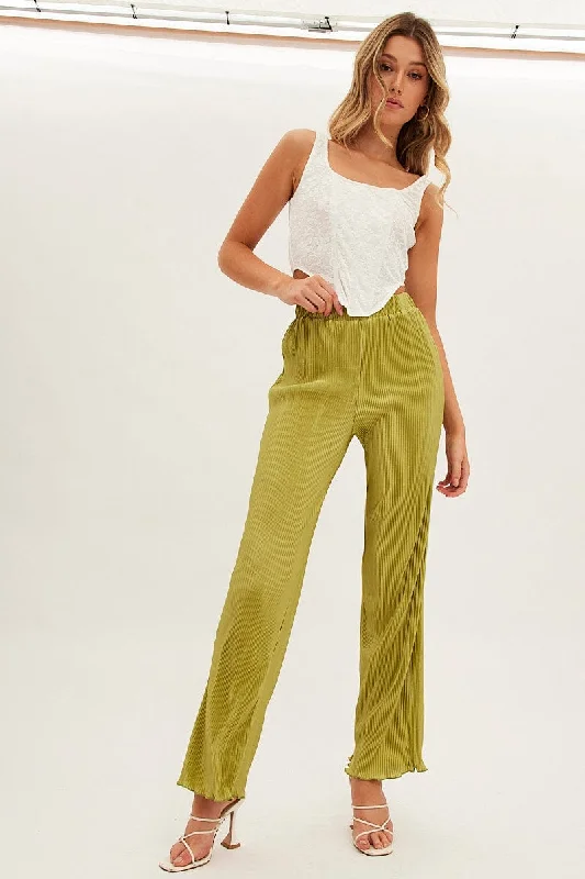 Green Plisse Pant Wide Leg Elastic Waist Lettuce Edge Formal Linen Trousers