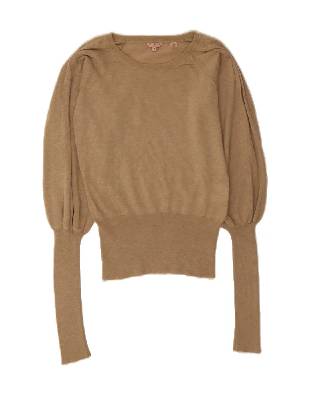 TED BAKER Womens Boat Neck Jumper Sweater Size 2 Small Beige Wool Lightweight Heavyweight Midweight