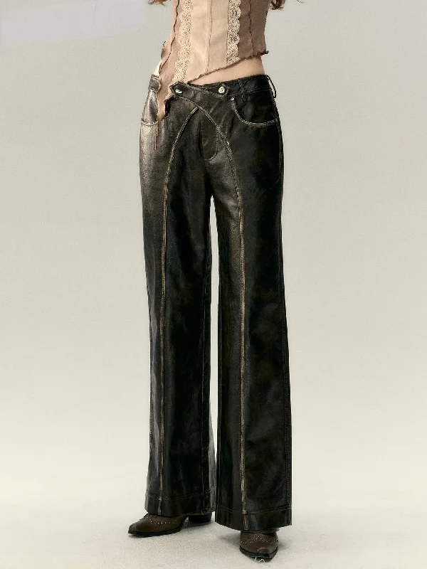 Black Vintage Straight-leg Leather Pants Comfortable Denim Leggings