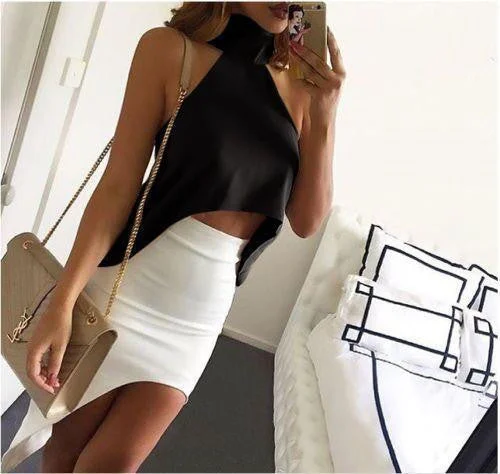 High Neck Halter Off Shoulder Cropped Tops Women Tops & Tees Casual Chiffon Tank Top Irregular Fashion cozy tank top