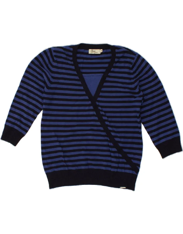 PACO Womens 3/4 Sleeve V-Neck Jumper Sweater UK 12 Medium Blue Striped Modern Contemporary Chic