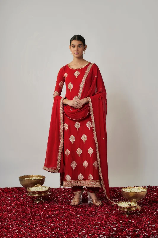 Sindhoori Red Georgette Benarasi Kurta Pants Set Elegant Palazzo Trousers