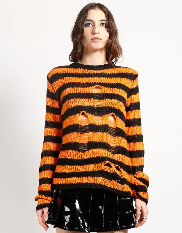 RAG STRIPE SWEATER ORANGE Boat Neck Shawl Collar Notched Collar