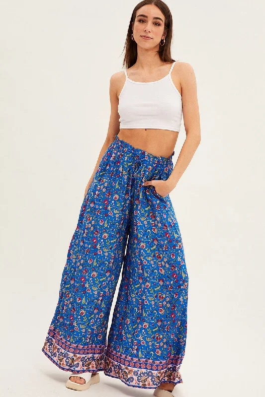 Blue Boho Wide Leg Pants High Rise Casual Lounge Pants